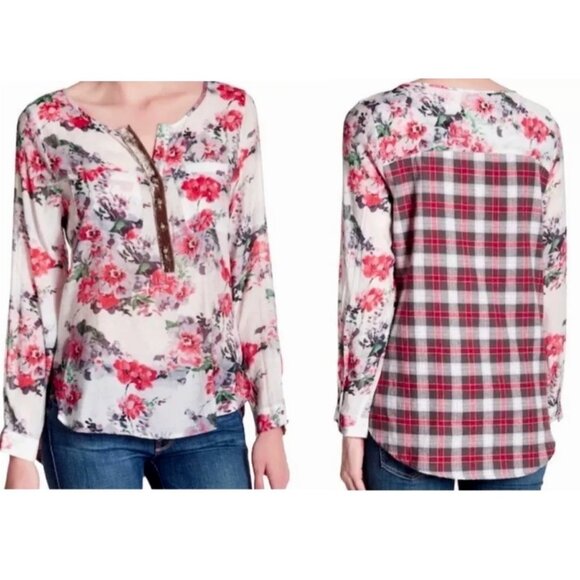 Size Medium ARATTA SILENT JOURNEY FLORAL PLAID SEMI-SHEER TOP‎ Shirt Blouse - Picture 1 of 11